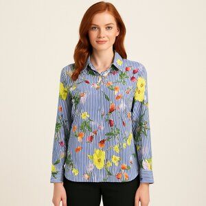 Calvin Klein Floral Striped Blouse  • Roll Tab Sleeves • Gardencore Vibes Sz S